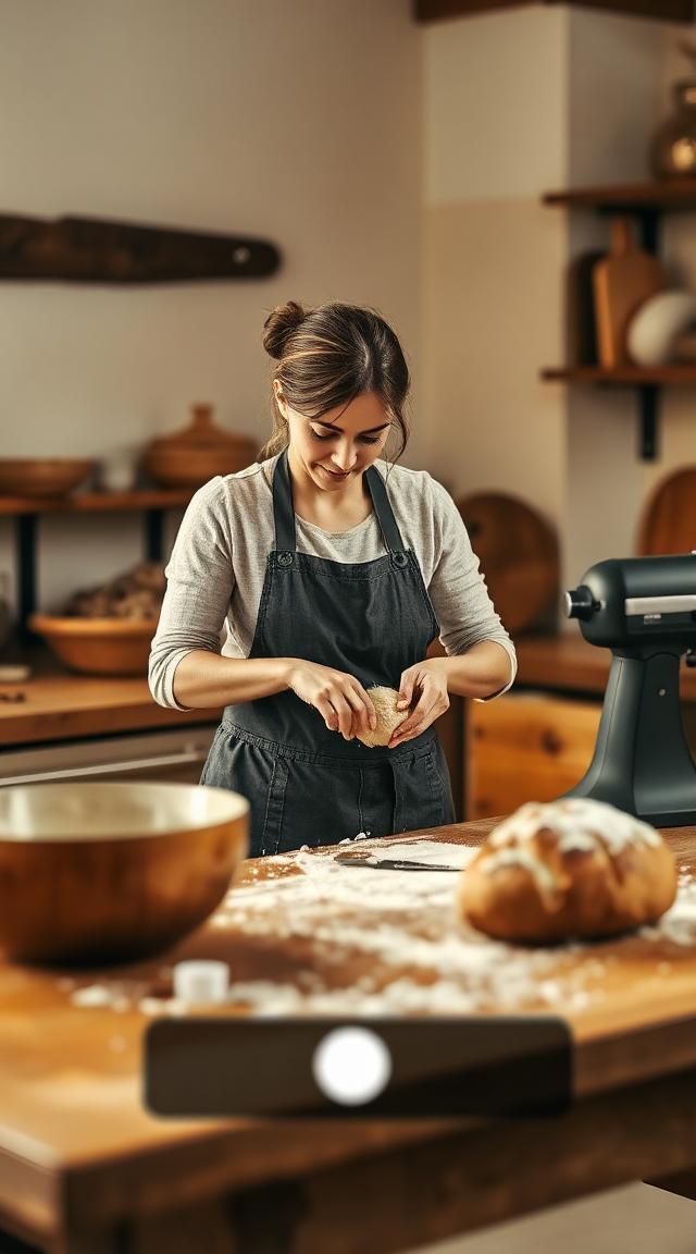 Emma kneading sourdough dough at her kitchen counter, live